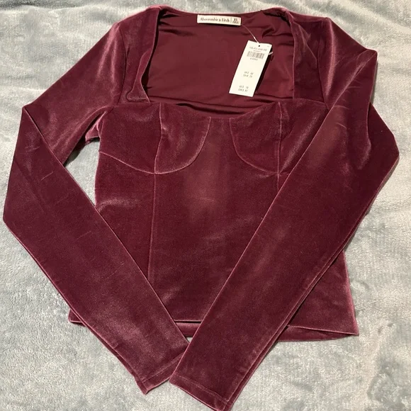 NWT Abercrombie & Fitch Velvet Long Sleeve Top in Burgundy - Picture 2 of 3